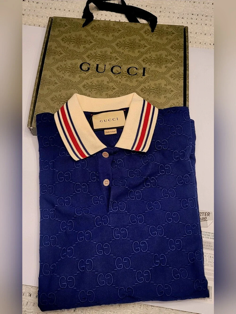 🇮🇹 GUCCI Embroidered 👕Navy Blue GG Jacquard Polo🇮🇹 with Cream Stripe Collar